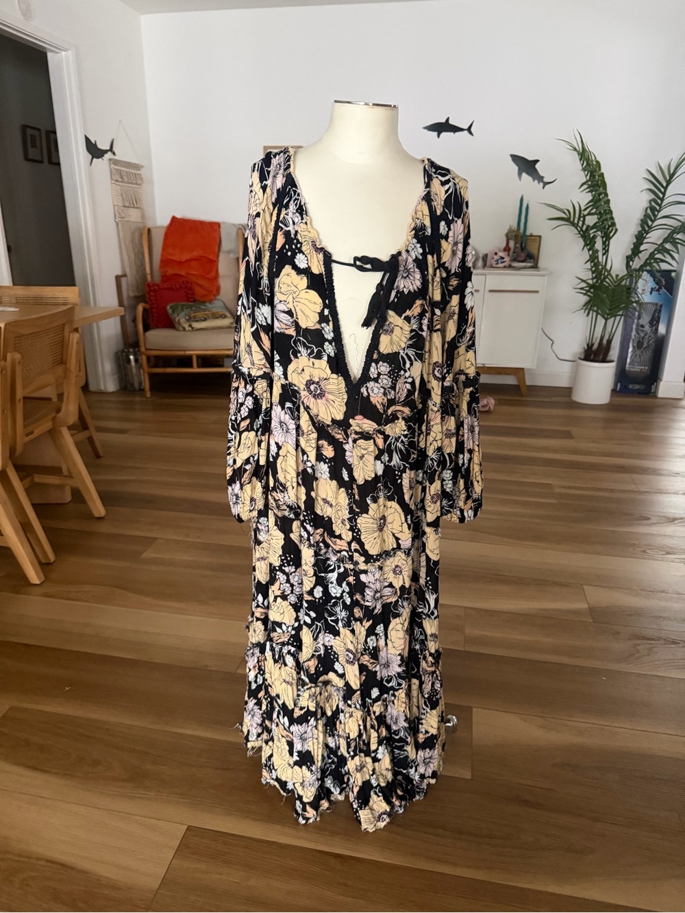 Free People Floral V-Neck Maxi Dress - Black and Cream boho tiered